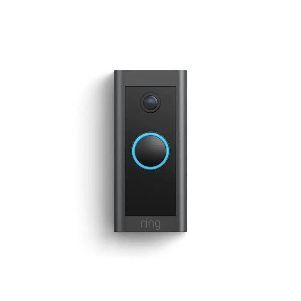 Wired video doorbell front with blue illuminated ring and camera module, dark gray