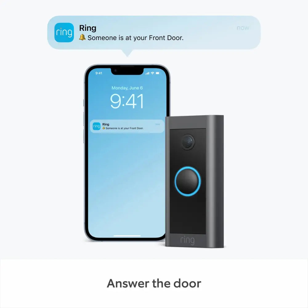 Wired video doorbell beside smartphone showing door alert notification