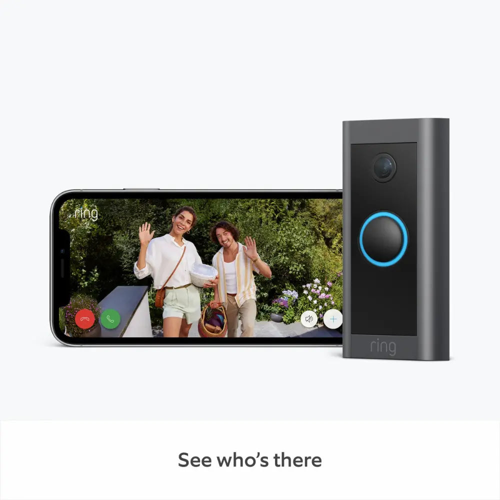 Wired video doorbell beside smartphone displaying live video of visitors