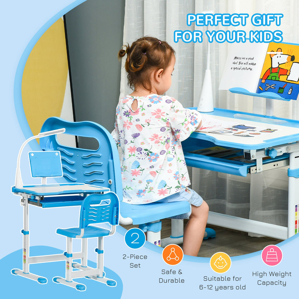 Kids study desk and chair set, blue desk and chair used for drawing with a child