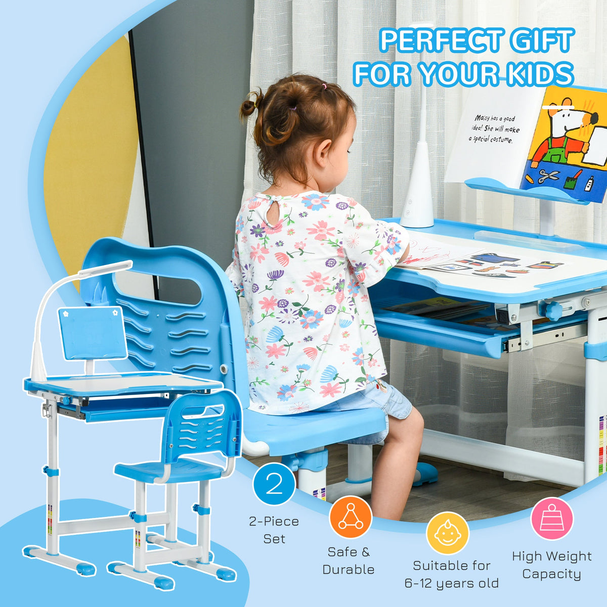 Kids study desk and chair set, blue desk and chair used for drawing with a child