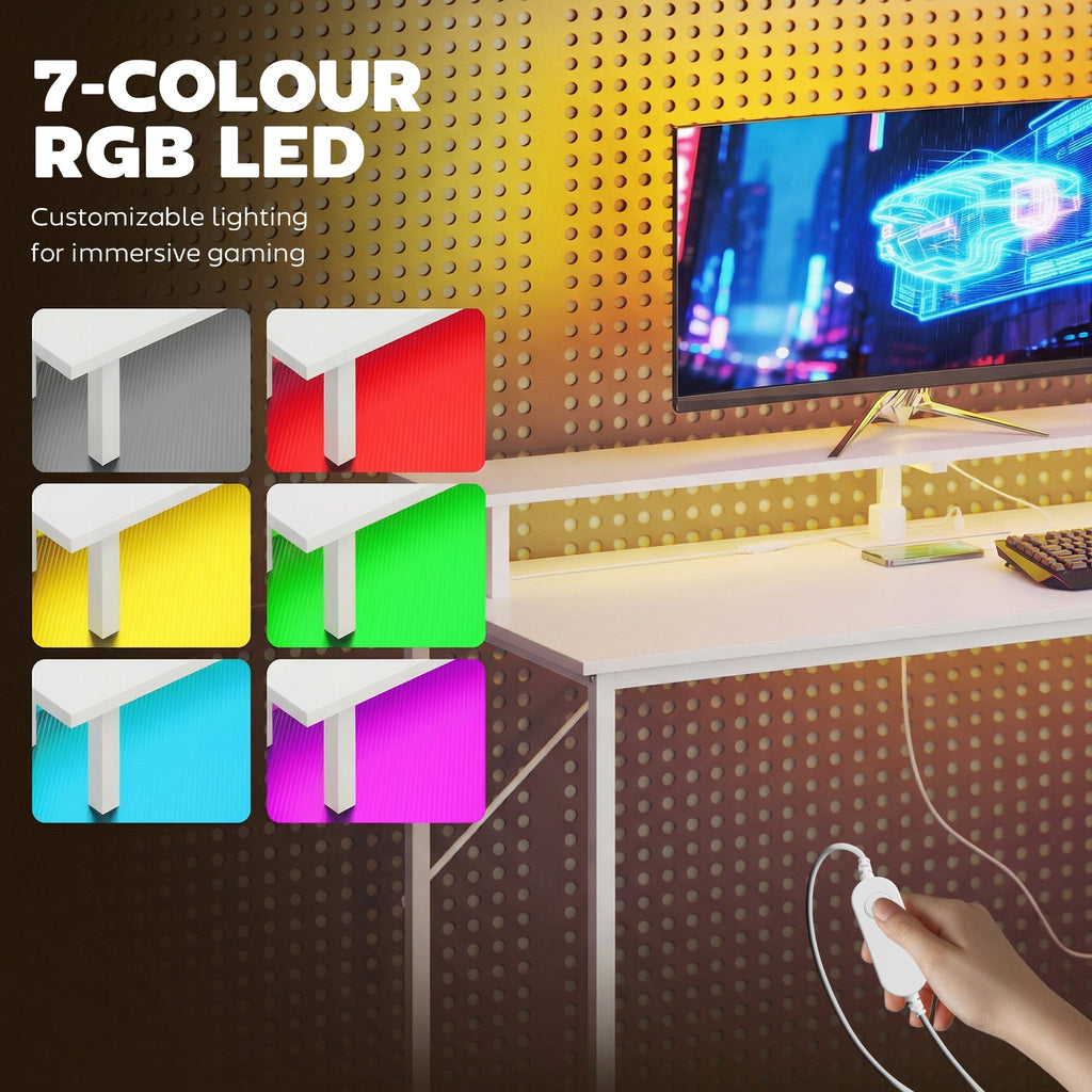 White desk with RGB LED lighting panel showing multiple color options