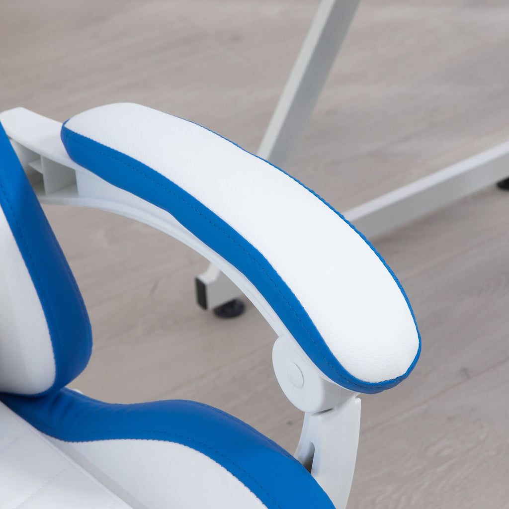White and blue armrest and chair side panel with padded edges and armrest curve