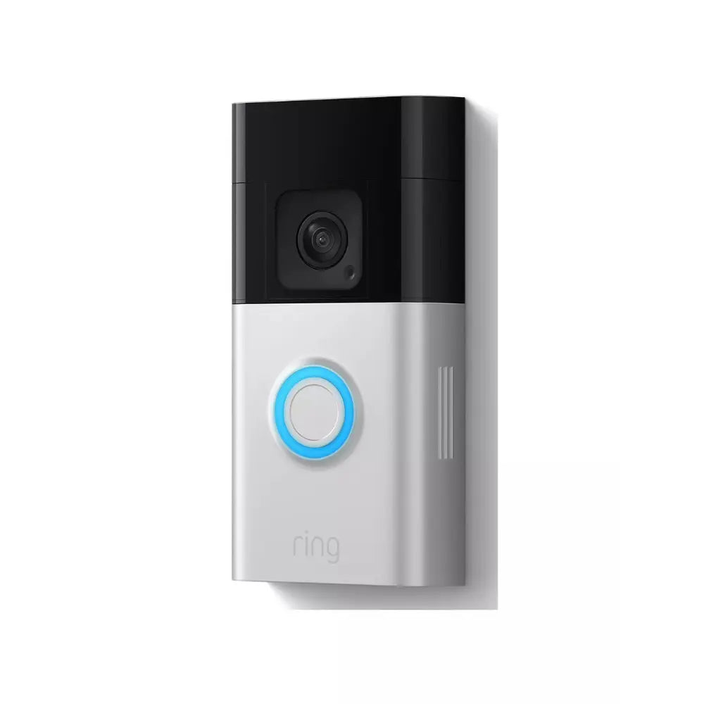 Battery video doorbell camera in silver with black top and blue button ring