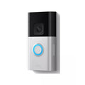 Battery video doorbell camera in silver with black top and blue button ring