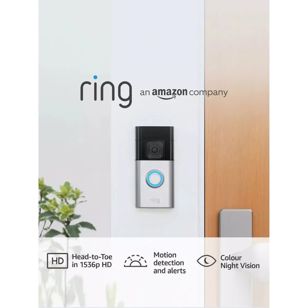 Silver battery video doorbell camera with black face and blue illuminated button