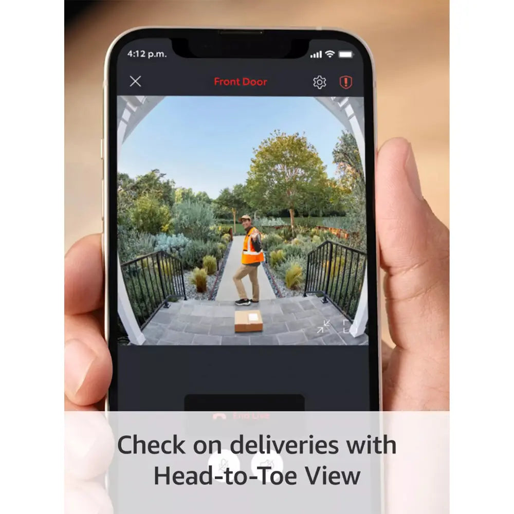 Smartphone displaying live doorbell camera video feed with person at entrance
