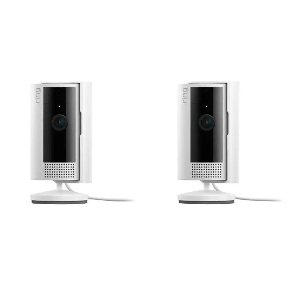 White indoor security camera pair with tabletop stand