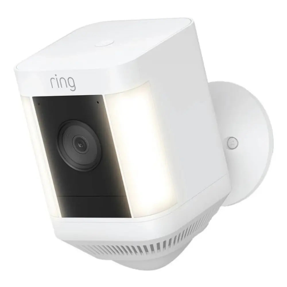 White Ring spotlight security camera with built-in lens and side mount bracket