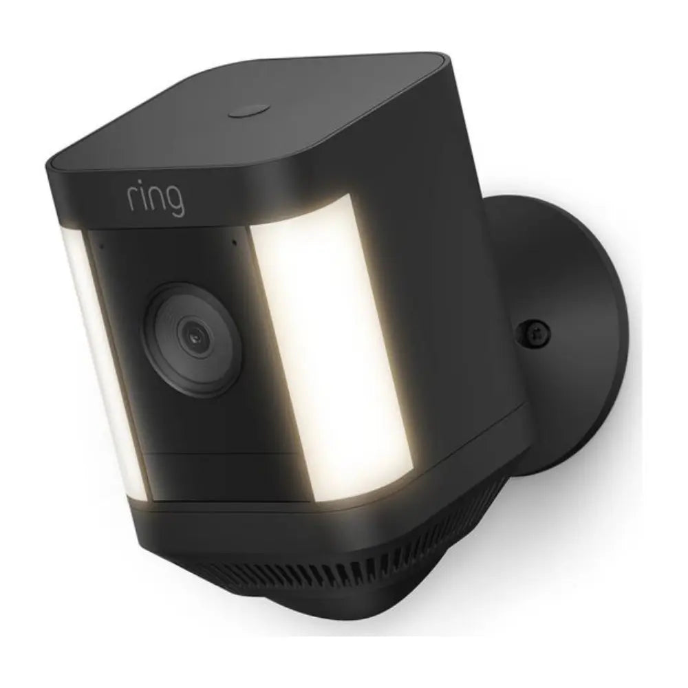 Black Ring spotlight security camera with lens and wall mount bracket
