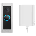 Silver smart video doorbell with camera lens and glowing blue ring light