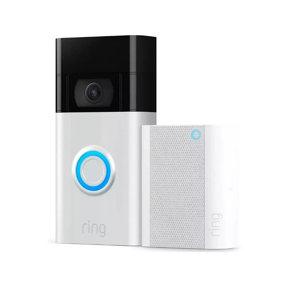 White video doorbell with black top and blue ring button, with matching indoor chime