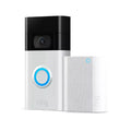 White video doorbell with black top and blue ring button, with matching indoor chime