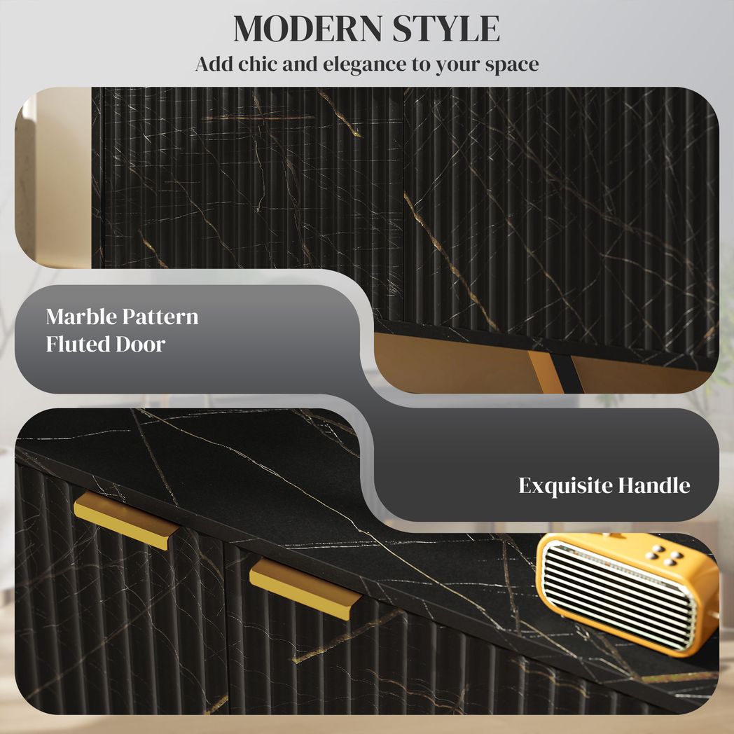 Black fluted cabinet door panel with marble pattern texture and gold handle details