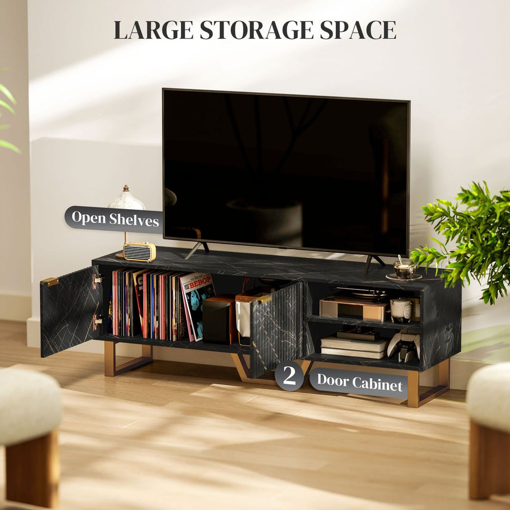 Black TV stand with open shelves and two-door cabinet, gold bar handles