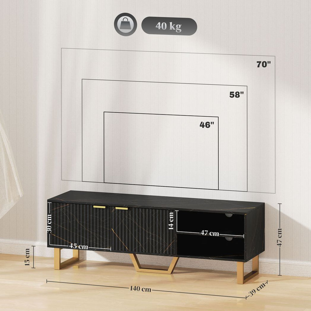 Black TV stand cabinet with open shelf and two-door storage, shown with size layout