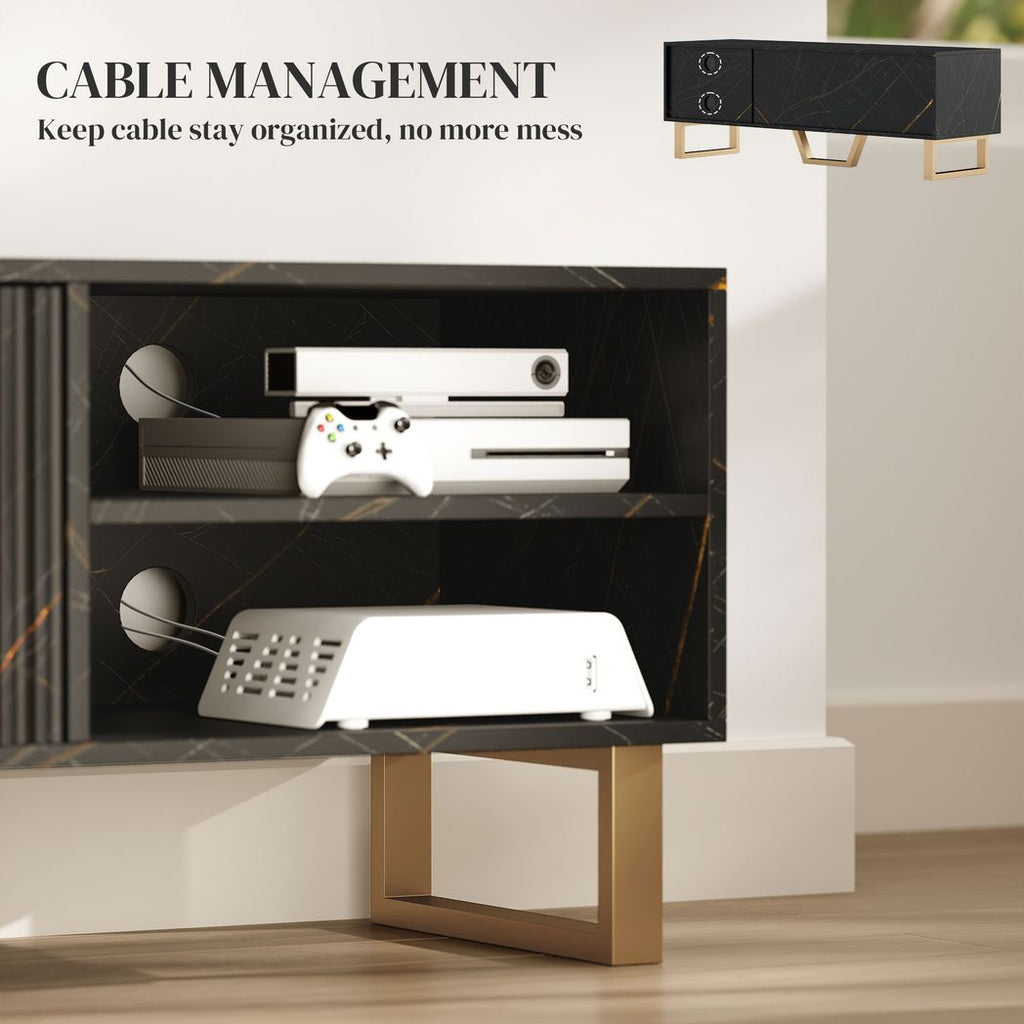 Black TV stand cabinet with open shelves and cable pass-through openings
