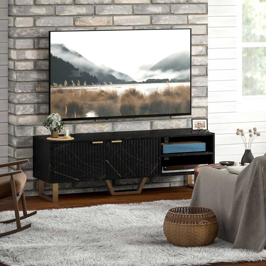 Black TV stand cabinet with two fluted doors and open media shelf, gold accent trim