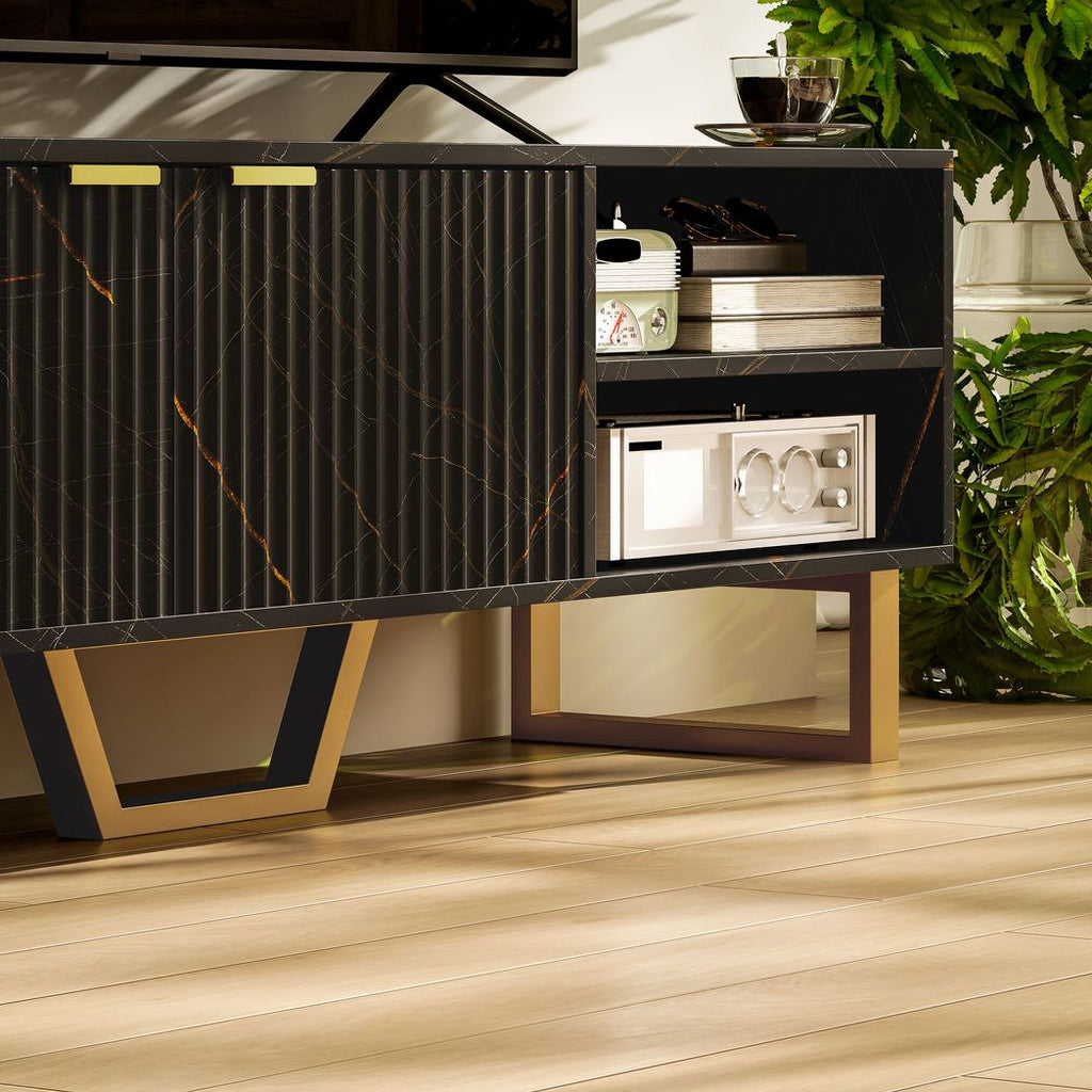 Black TV stand with open shelf compartments and storage door, gold accent handles