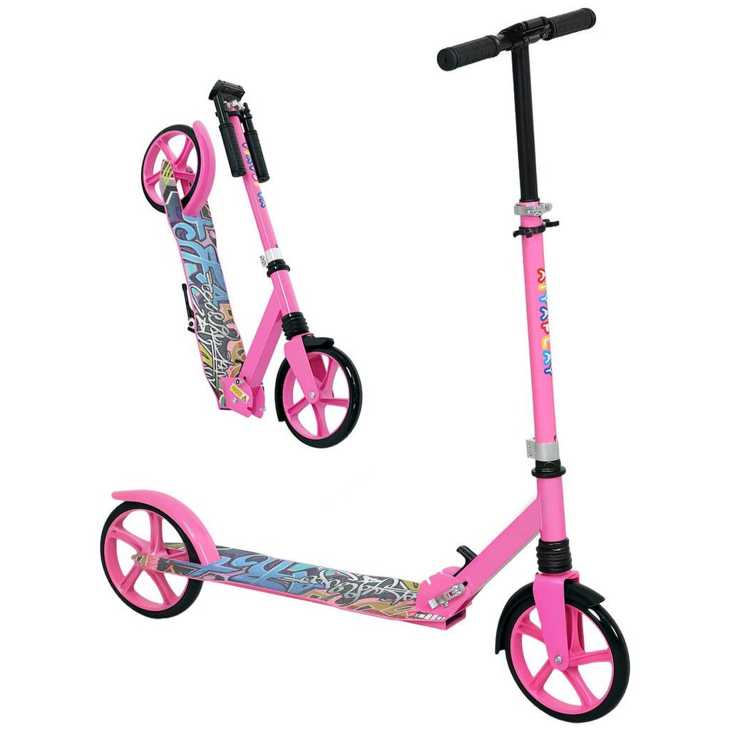 Pink kids foldable kick scooter in full side view with adjustable handlebar
