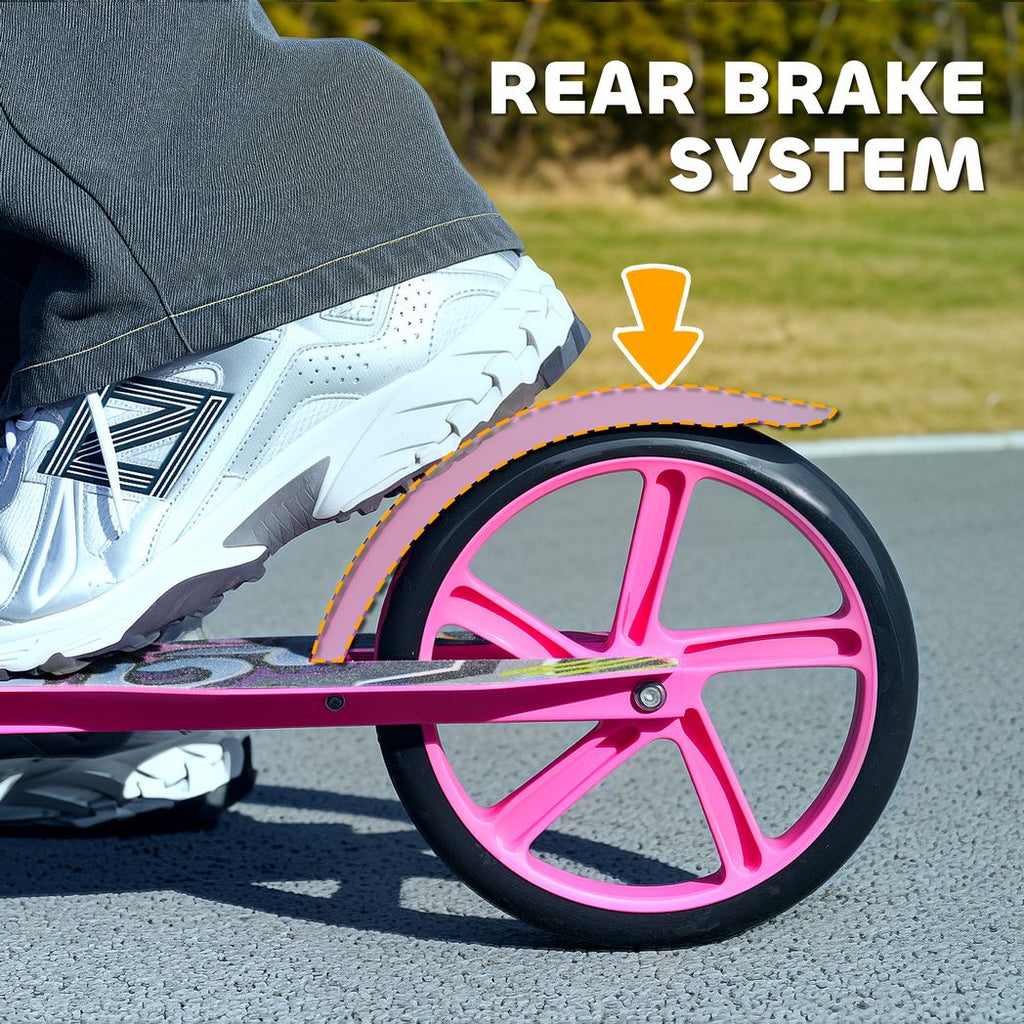 Pink scooter rear wheel with rear brake system on the rear fender