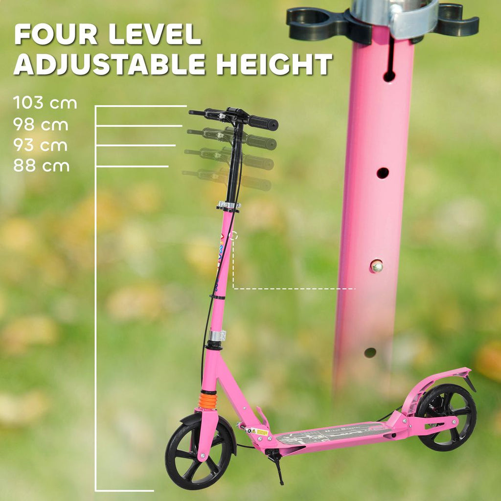 Pink kids kick scooter side view with adjustable handlebar and height range
