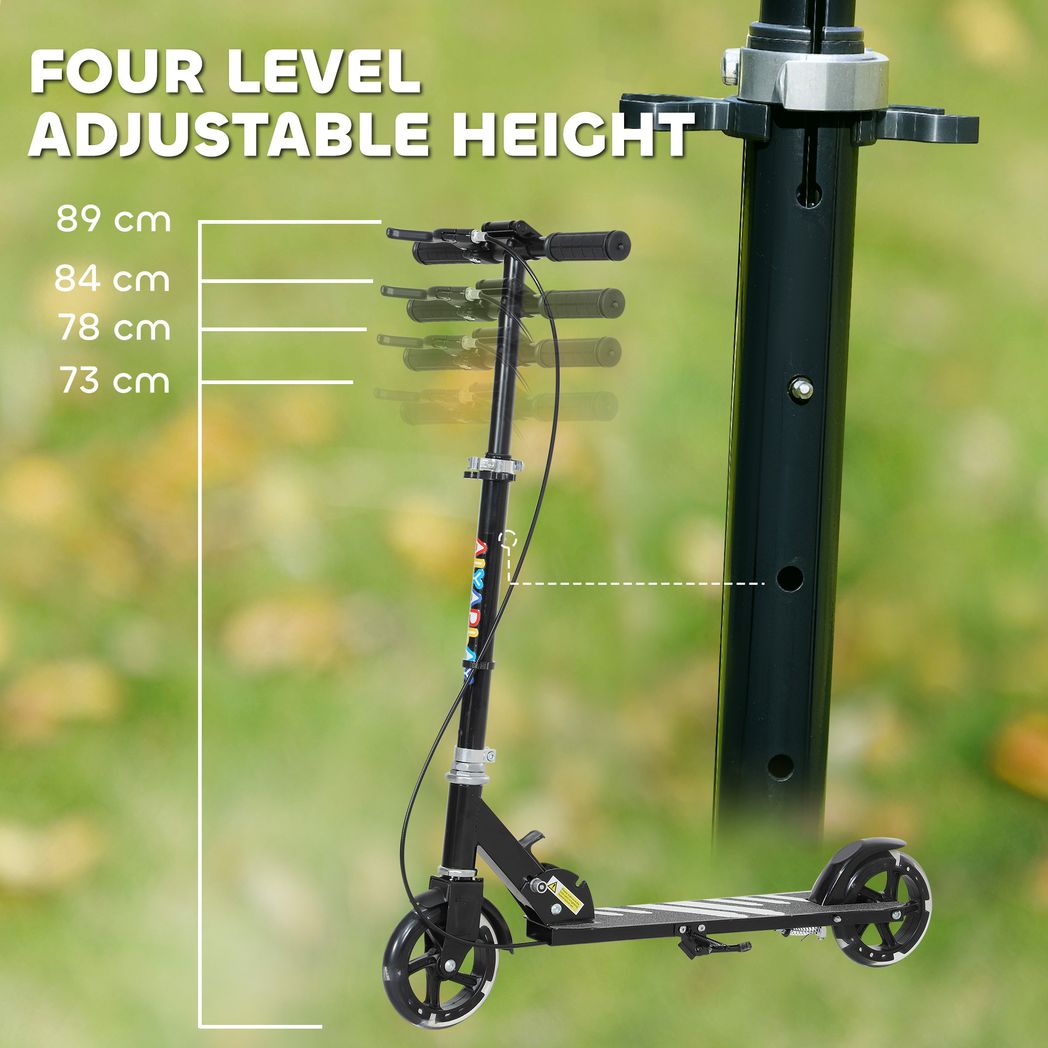 Kids folding kick scooter height-adjustable black deck and base with rainbow wheels