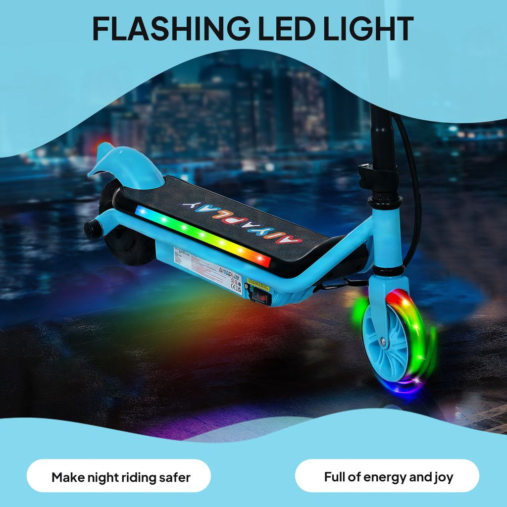 Light blue kids electric scooter with flashing LED deck and rainbow front wheel lights