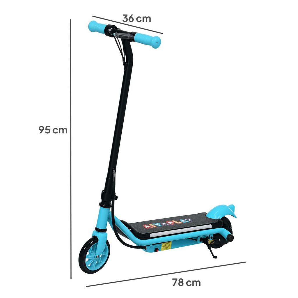 Light blue kids electric scooter shown in full height with front wheel and handlebars