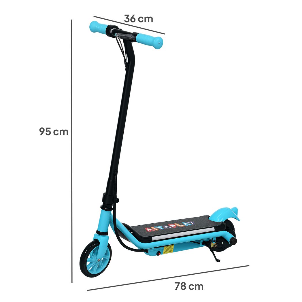 Light blue kids electric scooter shown in full height with front wheel and handlebars