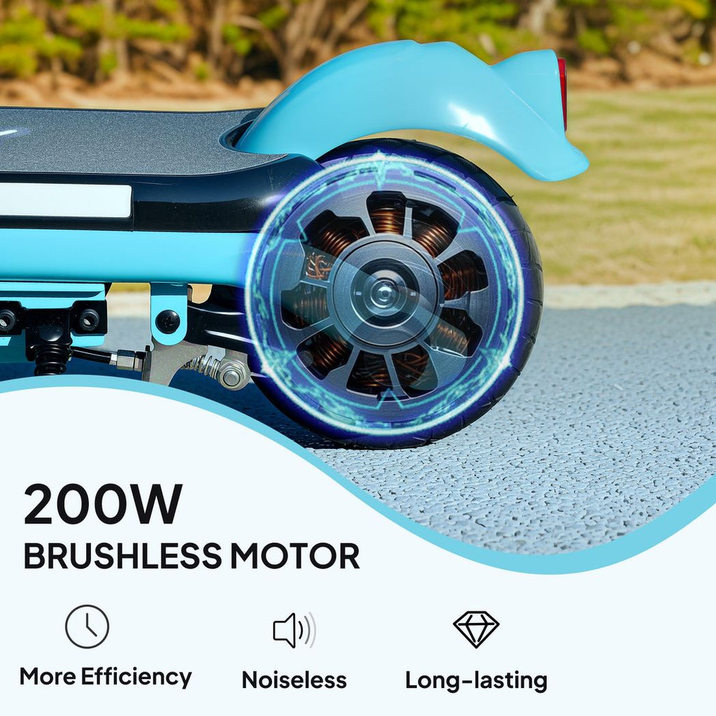 Front wheel close-up of a light blue kids electric scooter with glowing LED ring