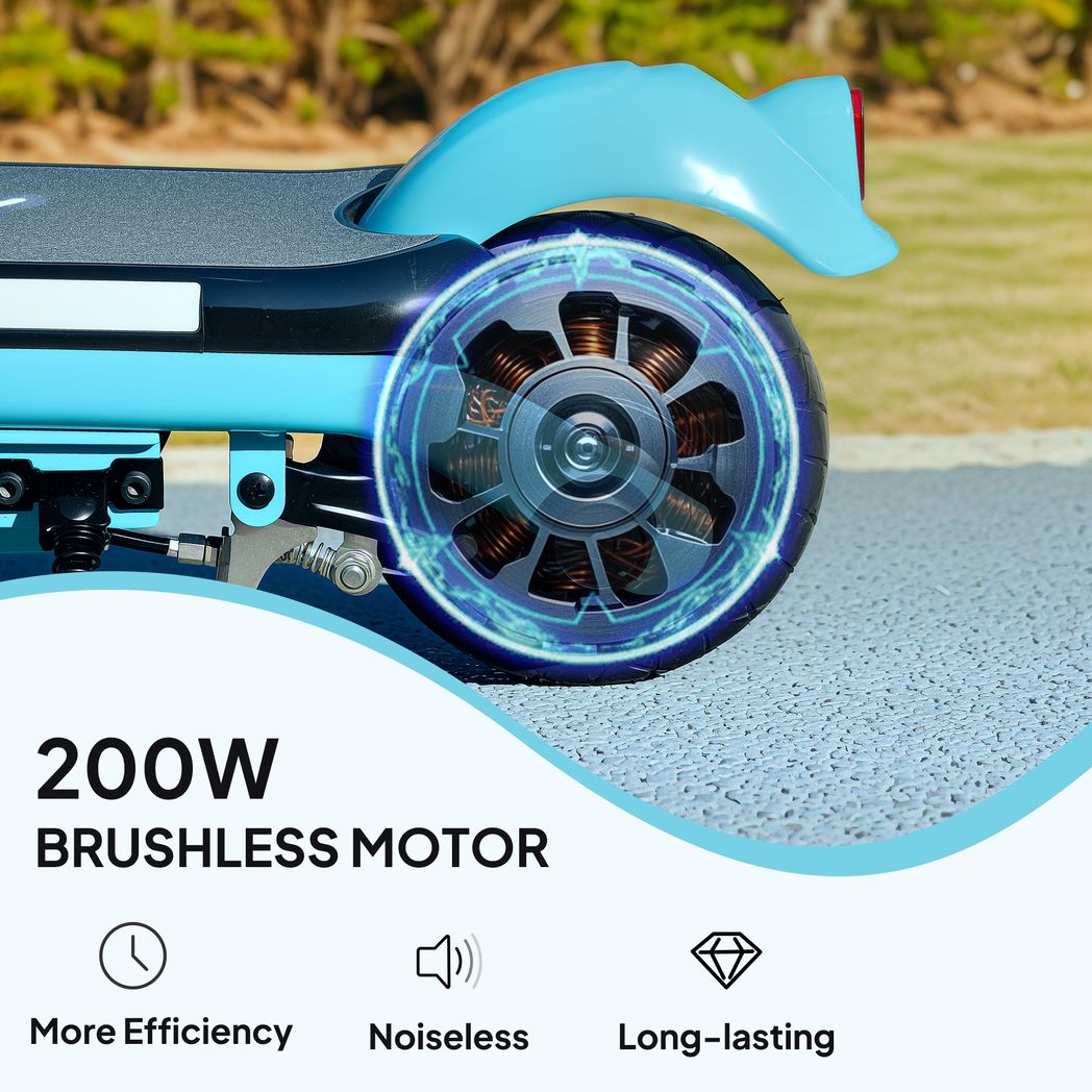 Front wheel close-up of a light blue kids electric scooter with glowing LED ring