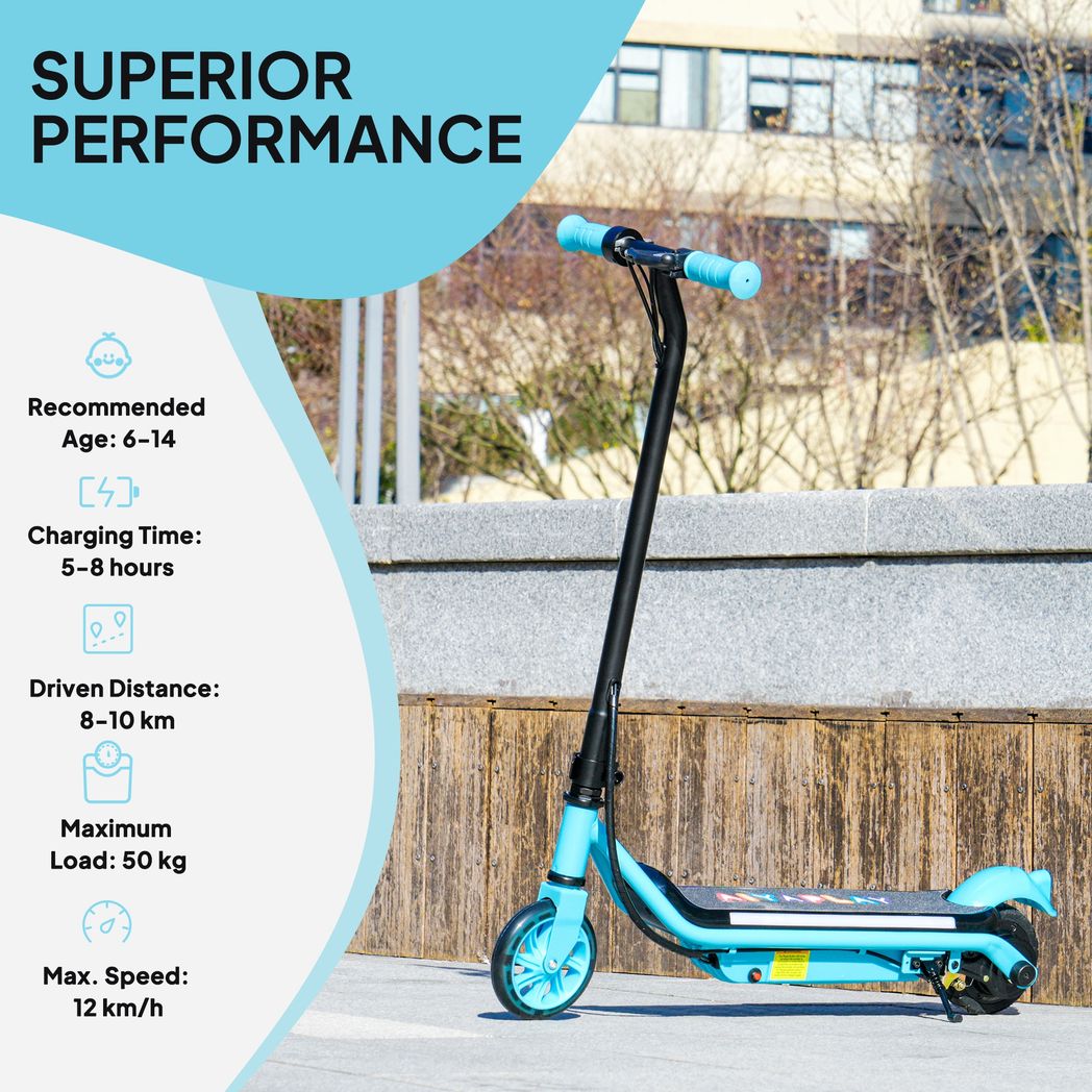 Light blue electric kick scooter with handlebar and front wheel, dual-color accents