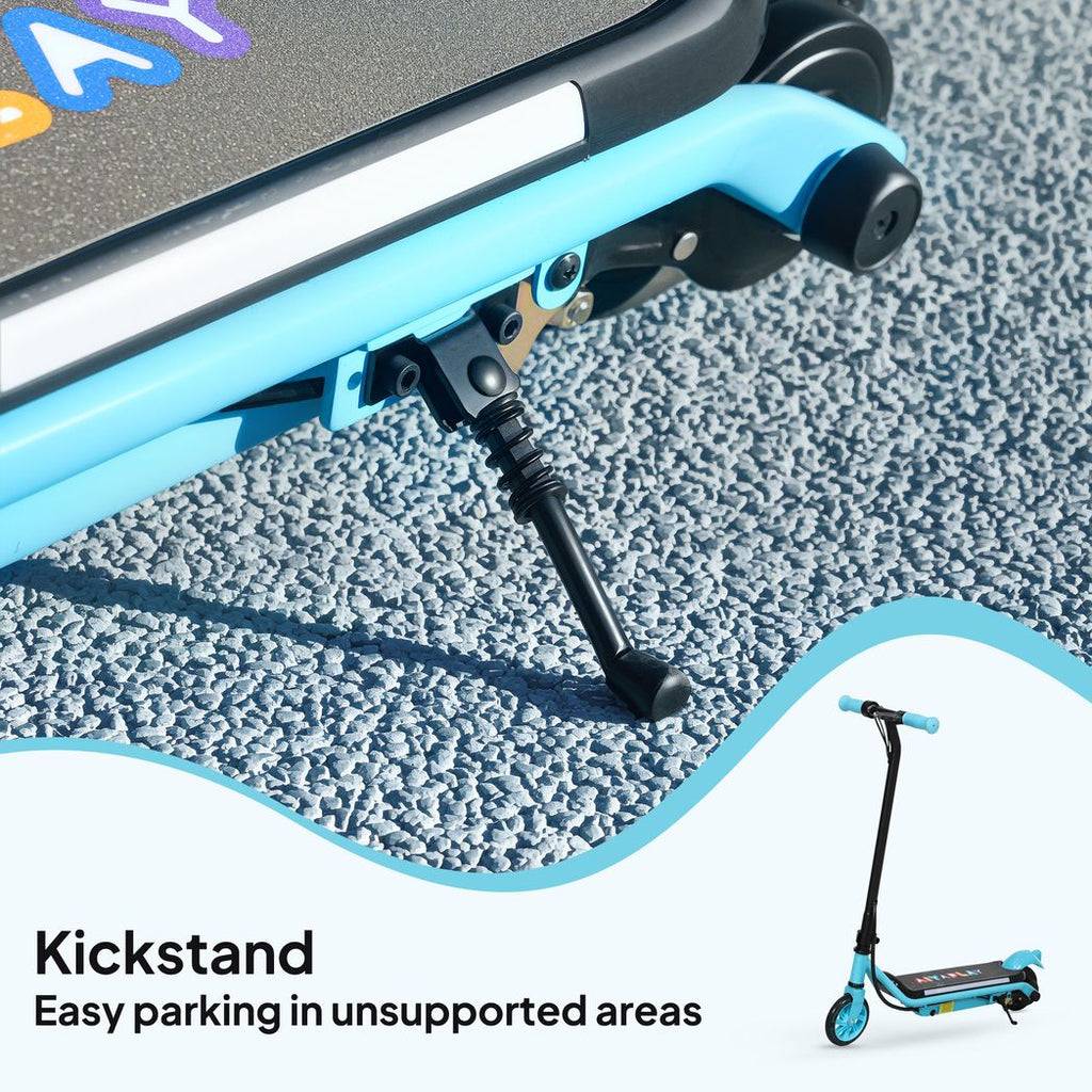 Blue electric scooter kickstand and rear brake detail on textured ground
