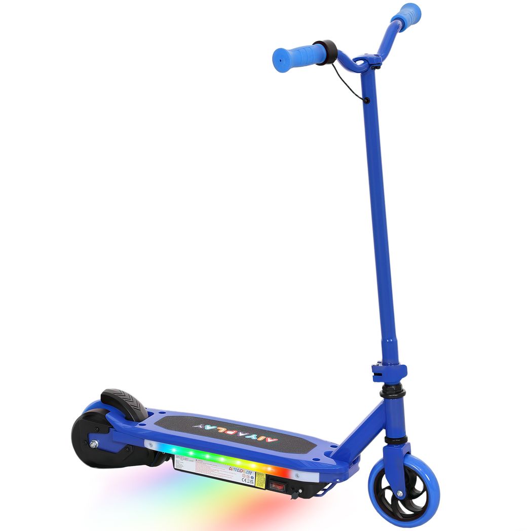 Blue electric scooter with flashing LED lights on the deck and black kickstand base