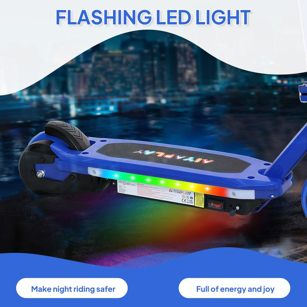Blue electric scooter deck with flashing LED light strip and front wheel