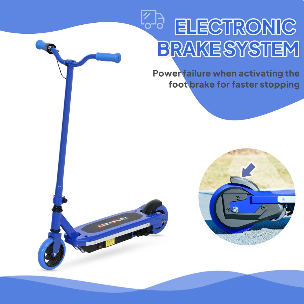 Blue electric scooter with electronic brake system and visible foot brake area
