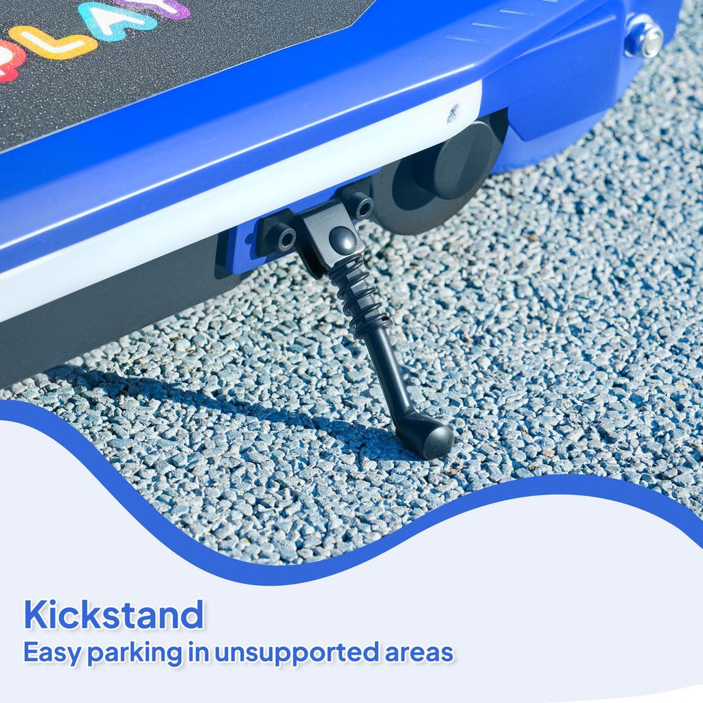 Electric scooter kickstand detail on blue deck with black spring leg