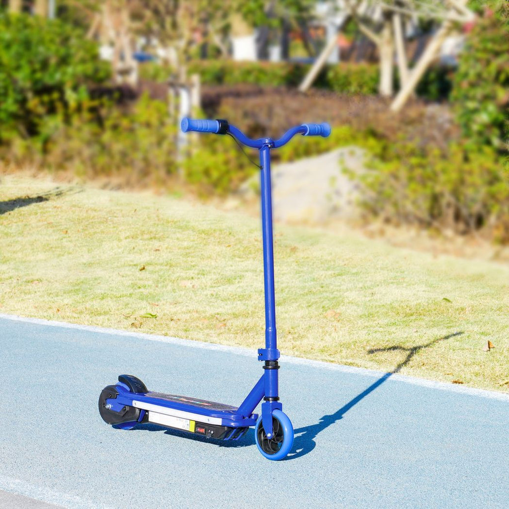 Blue electric scooter with handlebars and front wheel on outdoor path