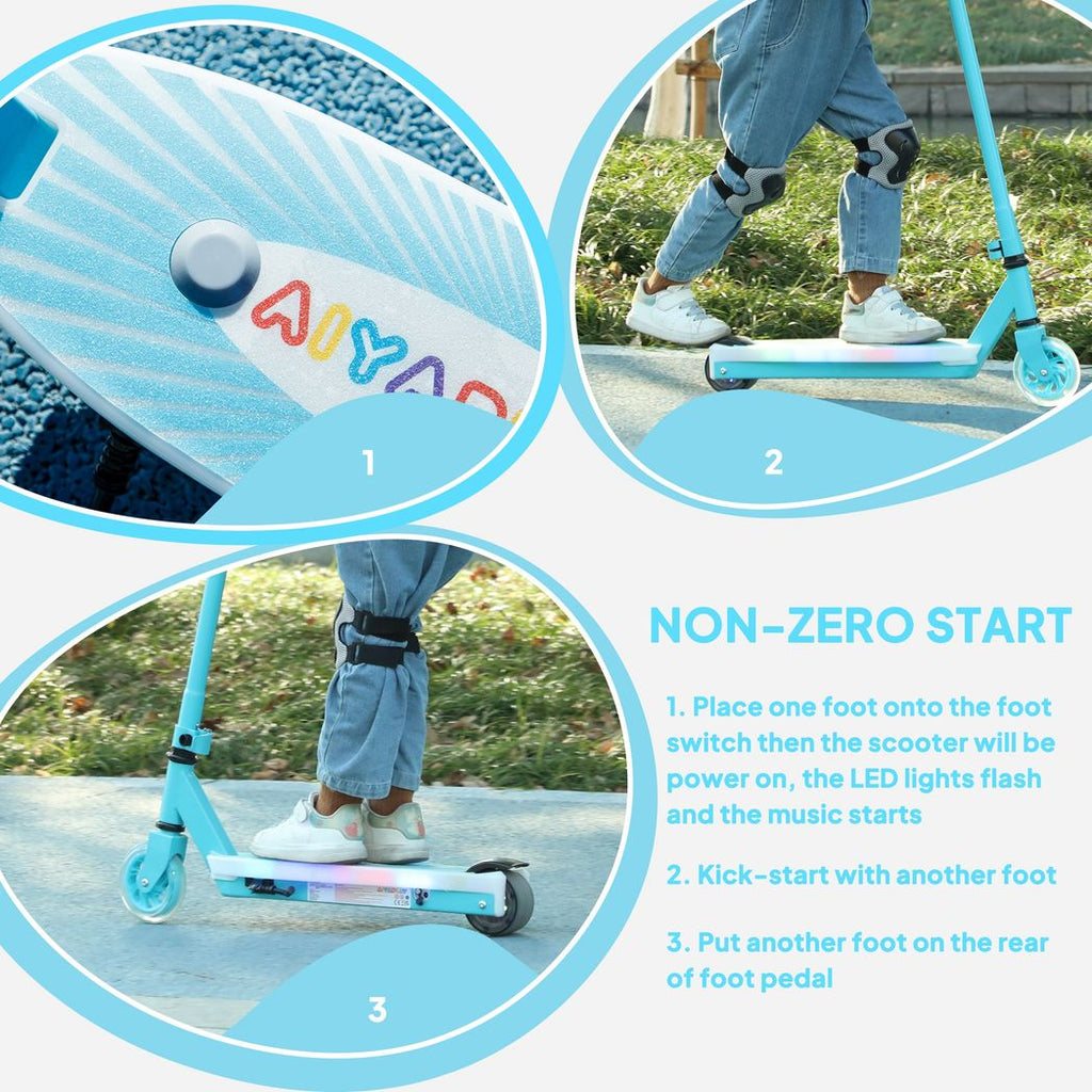 Blue scooter deck close-up with foot switch area and anti-slip surface