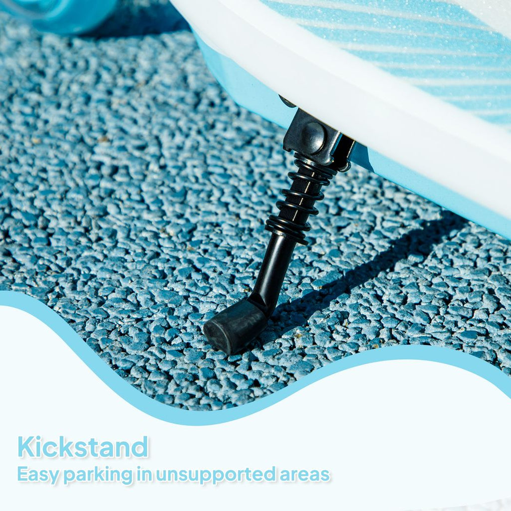 Blue electric scooter kickstand extended on outdoor pavement with suspension