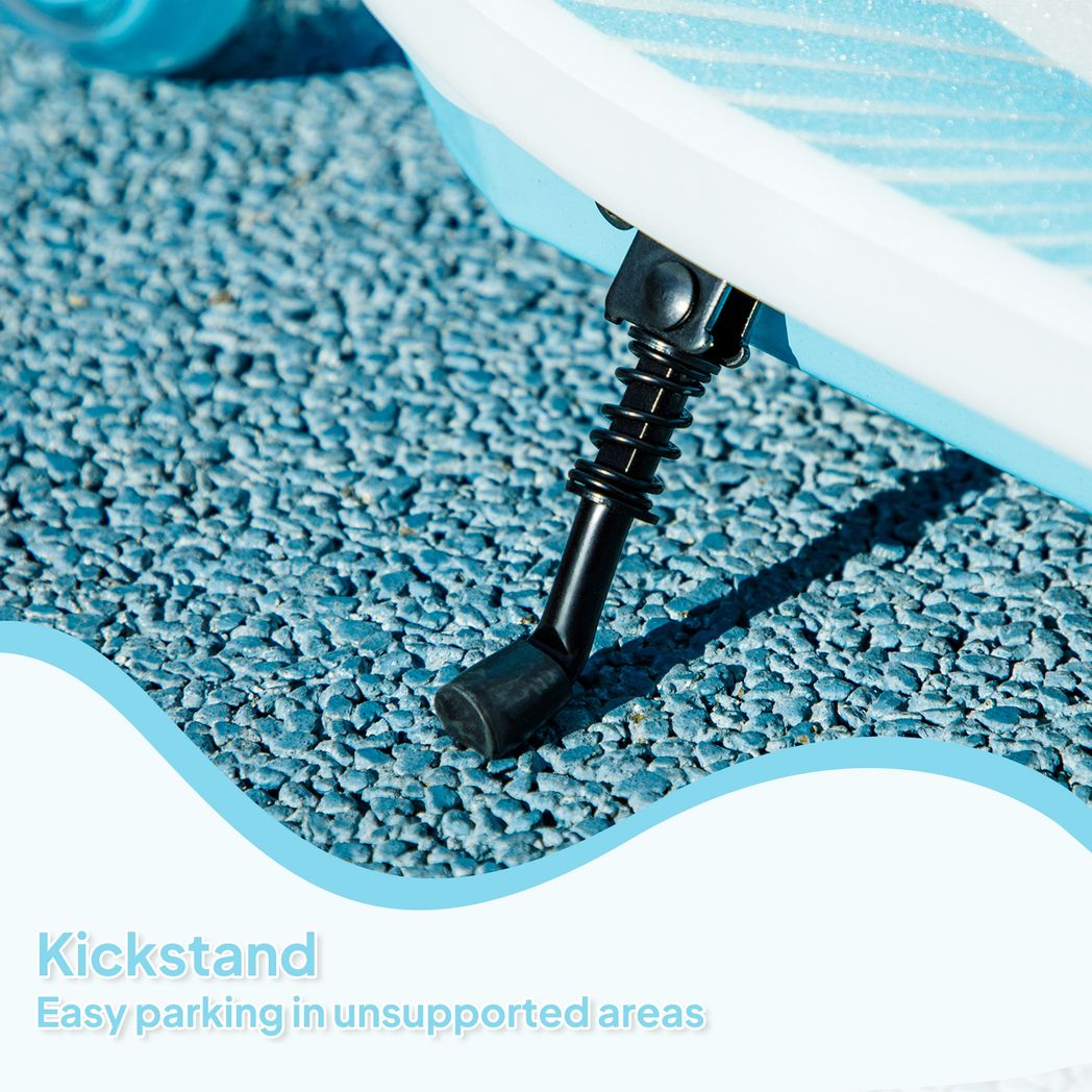 Blue electric scooter kickstand extended on outdoor pavement with suspension