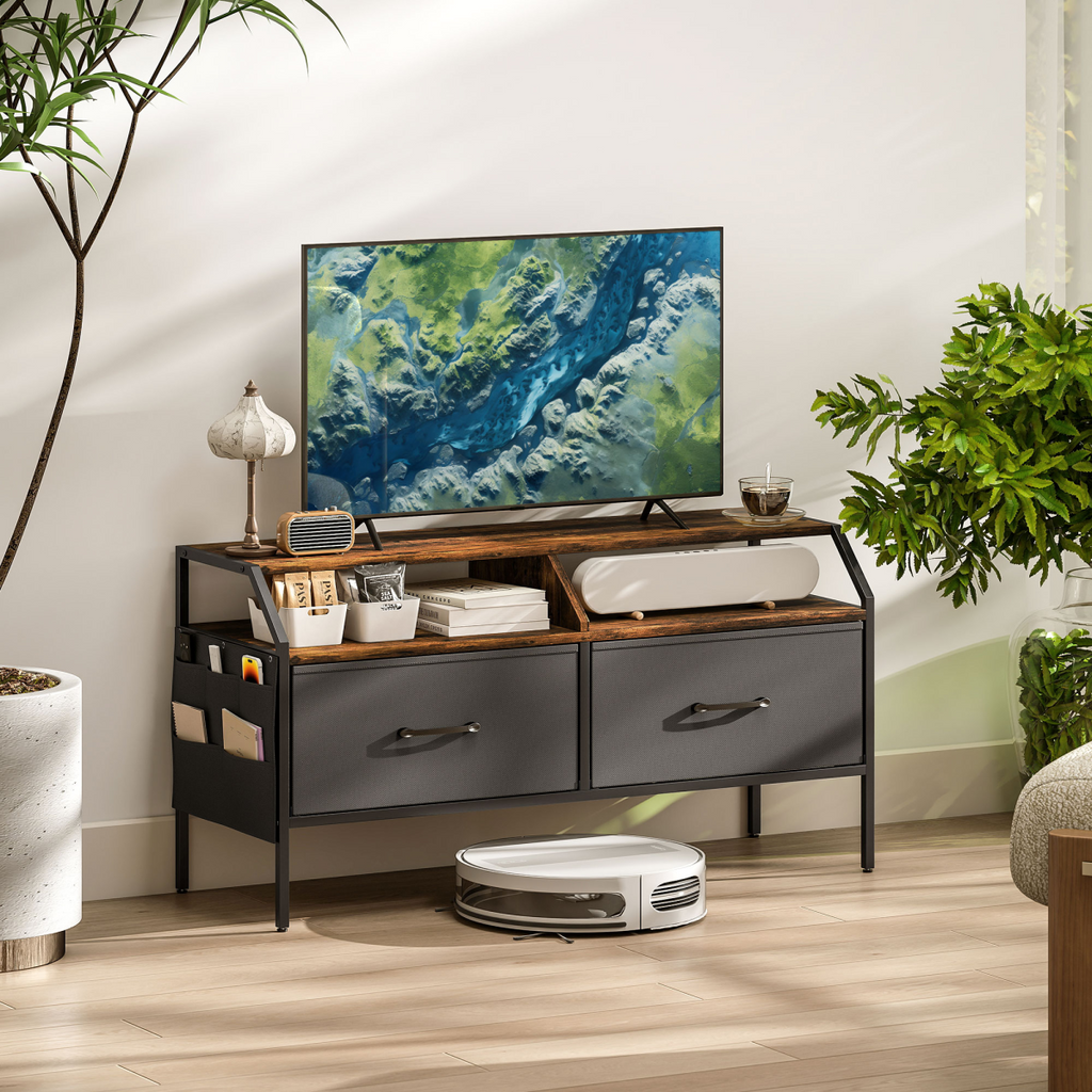 TV stand cabinet with two foldable drawers and open media shelf, dark gray frame with wood top