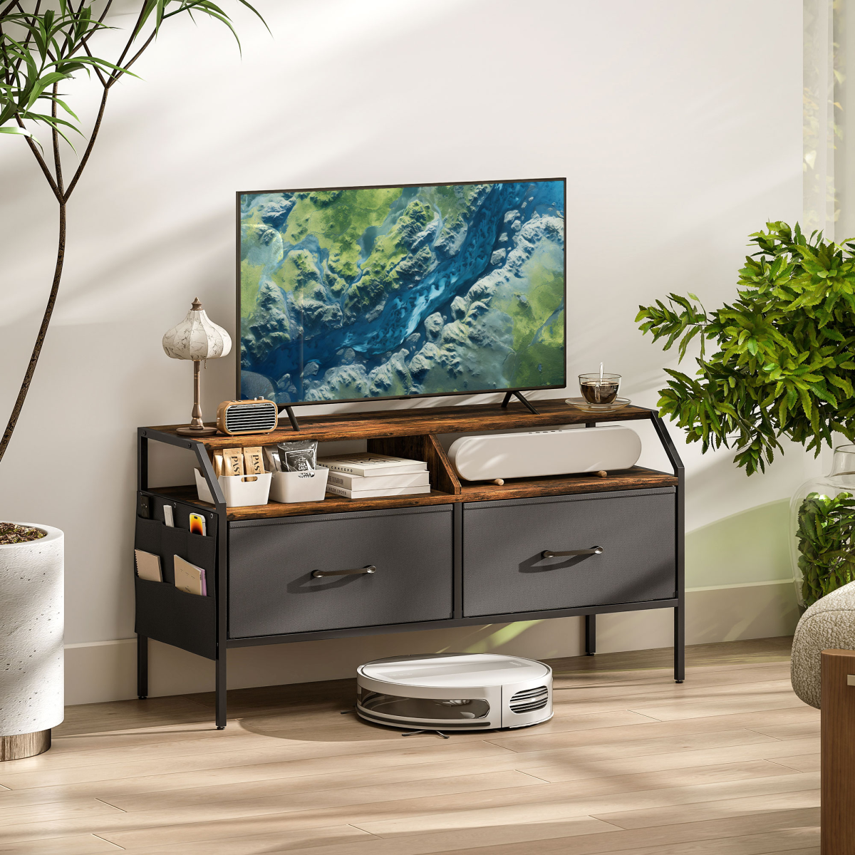 TV stand cabinet with two foldable drawers and open media shelf, dark gray frame with wood top