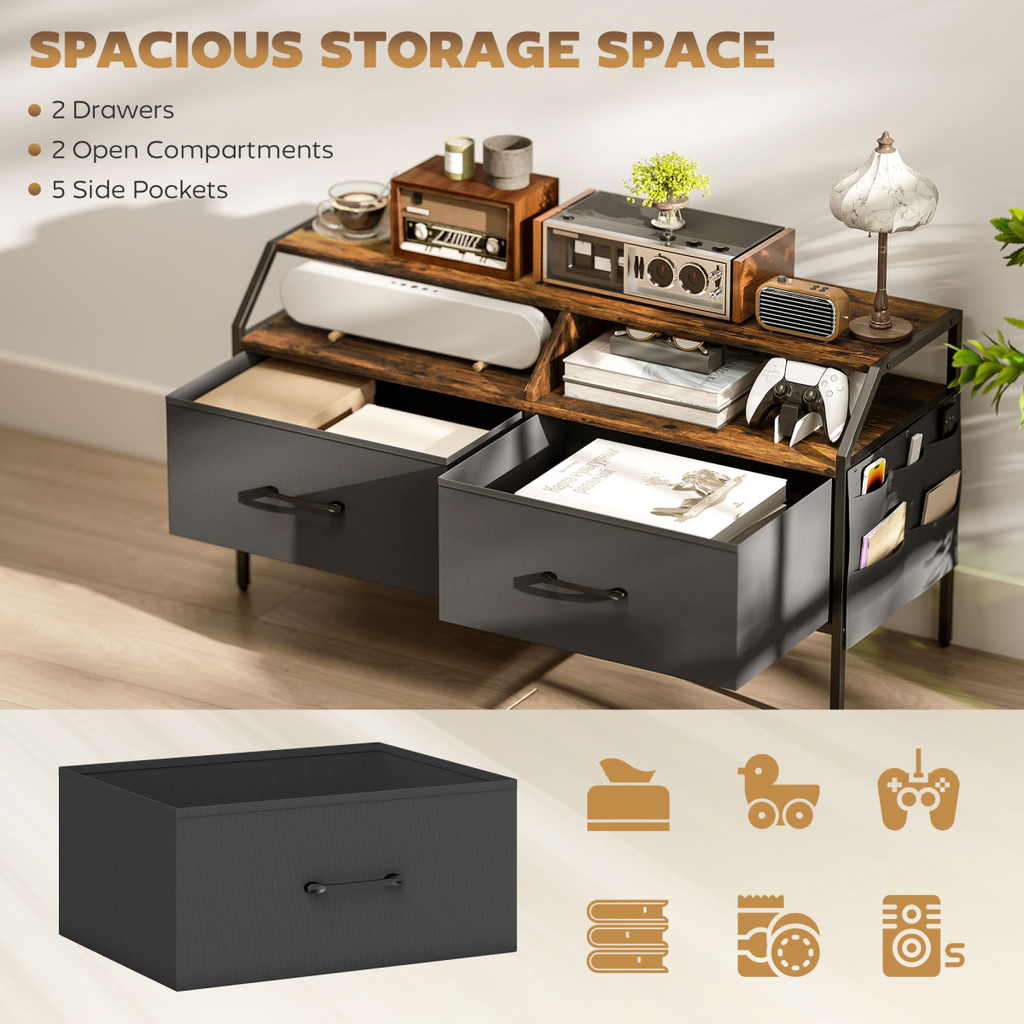 TV stand cabinet with two foldable drawers, open compartments, and side storage pockets