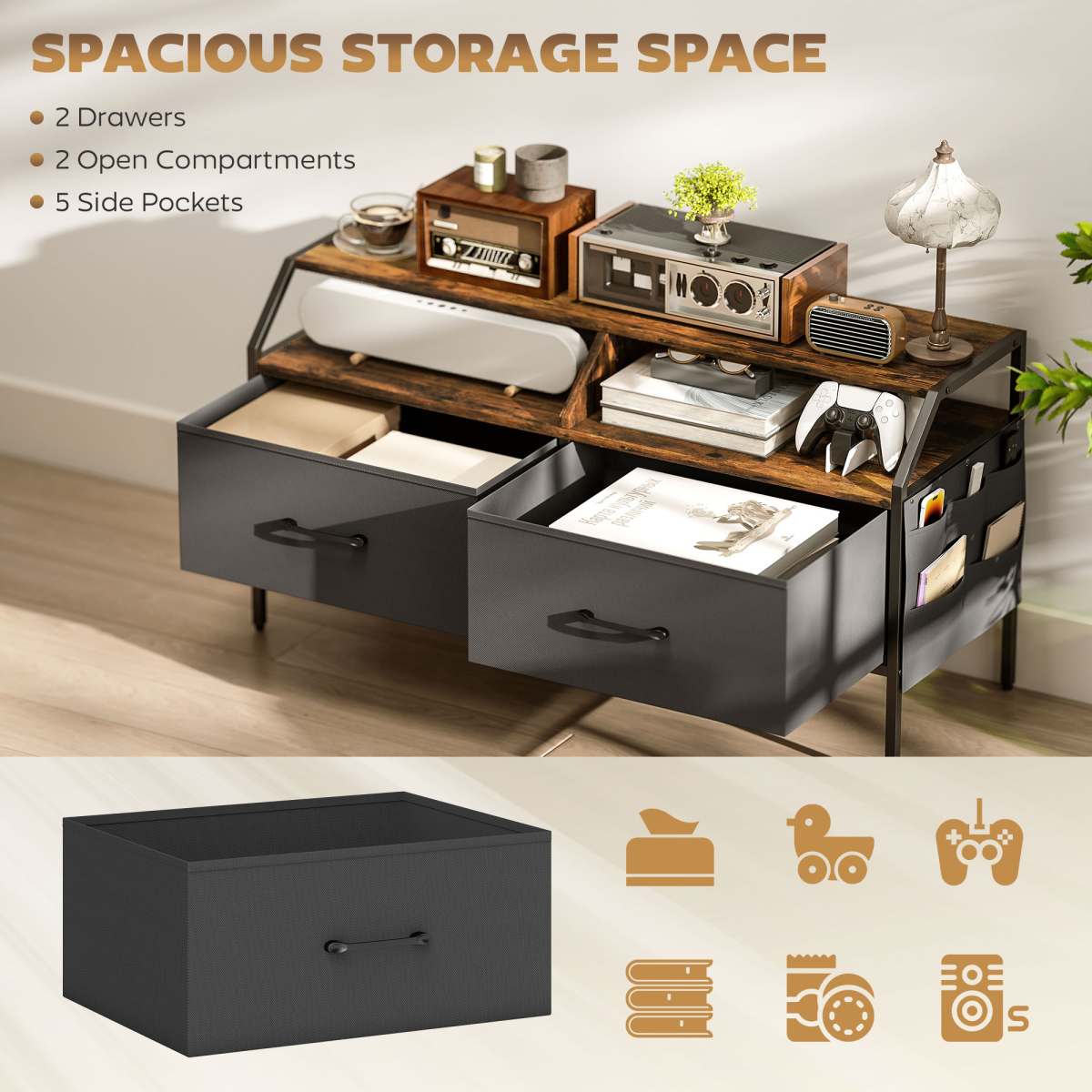 TV stand cabinet with two foldable drawers, open compartments, and side storage pockets
