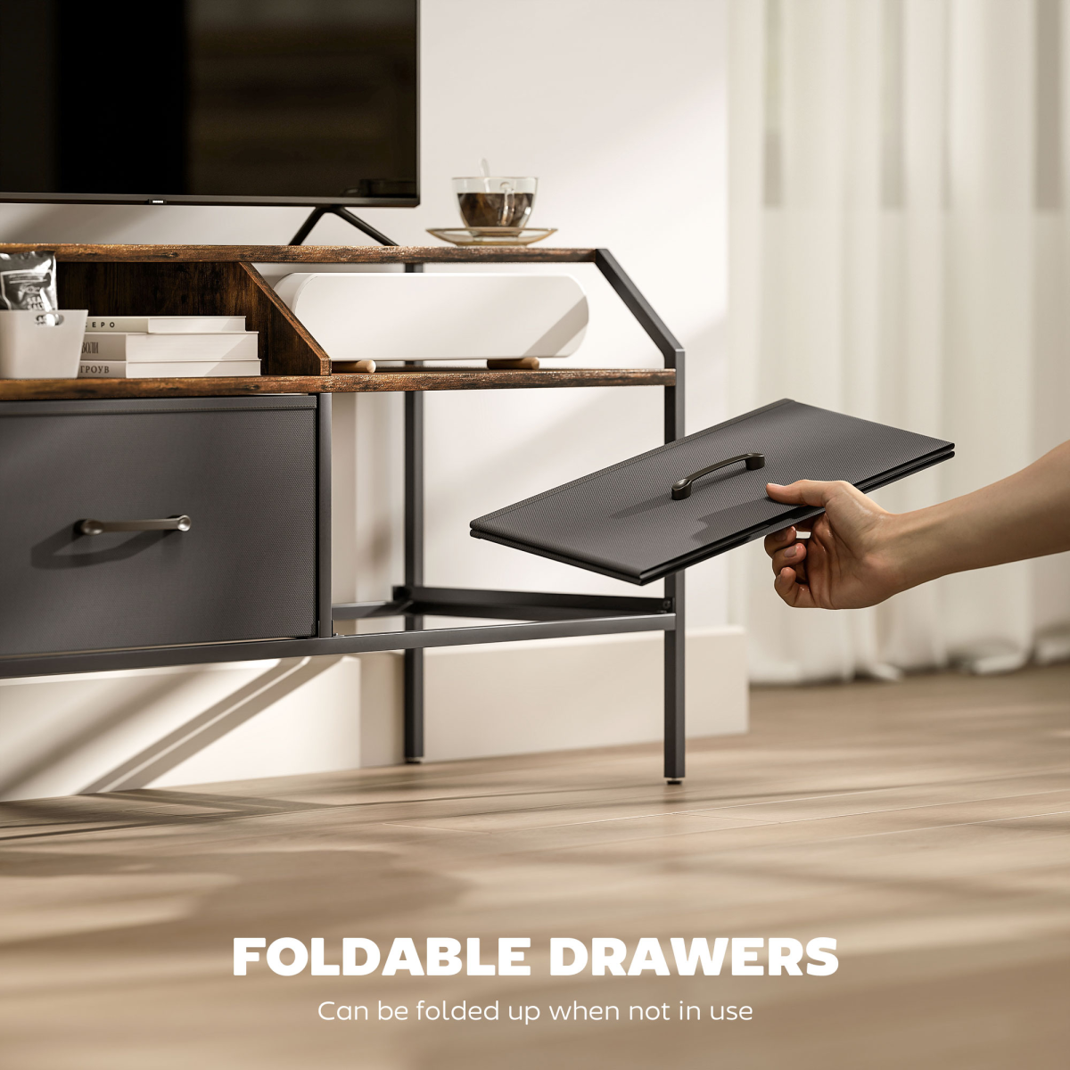 TV stand cabinet showing foldable drawer lifting action, dark gray drawers and wood interior