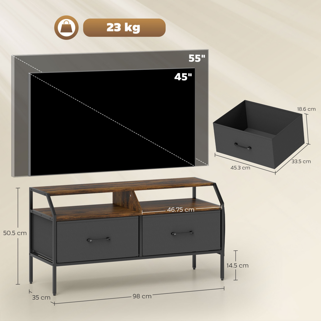 TV stand cabinet with two foldable drawers and two open shelves, dark gray and wood finish