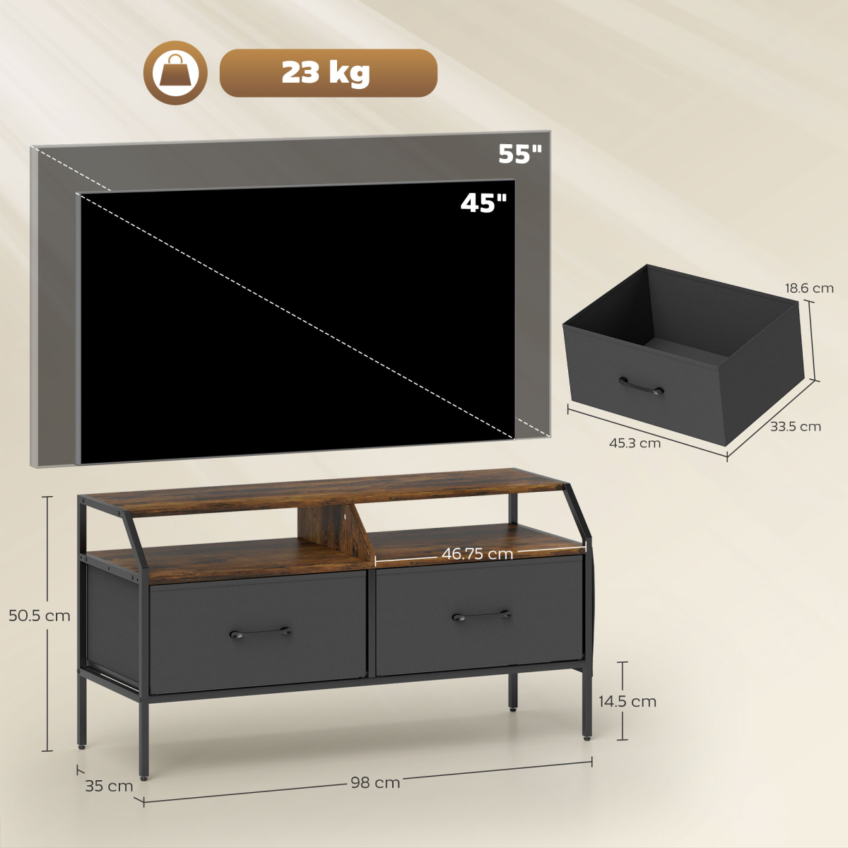 TV stand cabinet with two foldable drawers and two open shelves, dark gray and wood finish