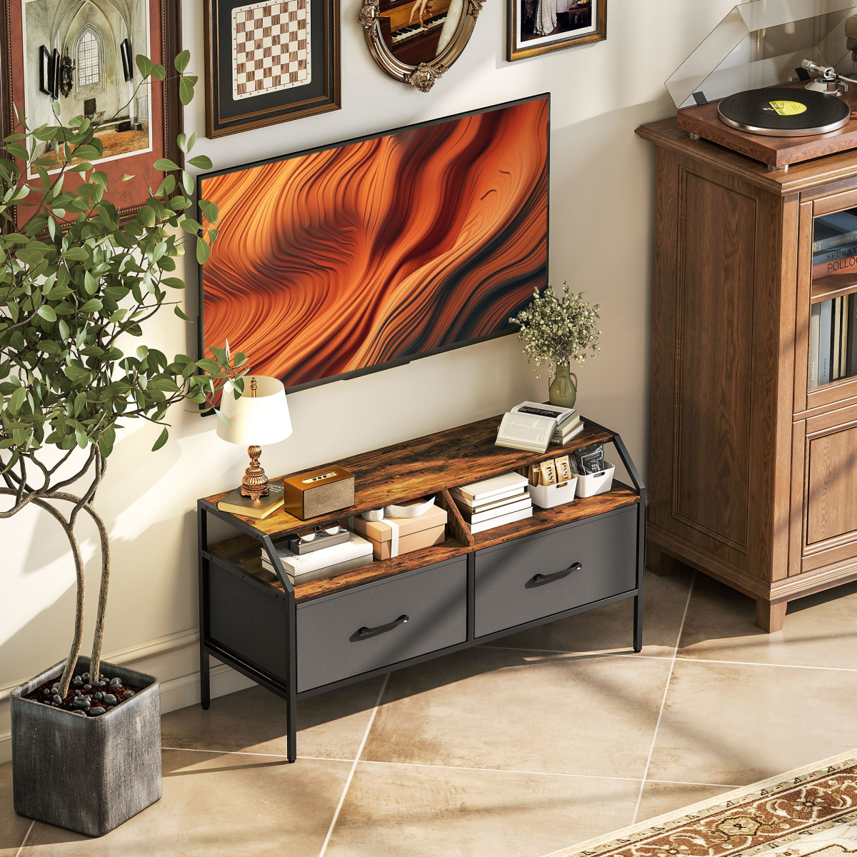 TV stand cabinet with two foldable drawers and media shelf, dark gray frame with wood top